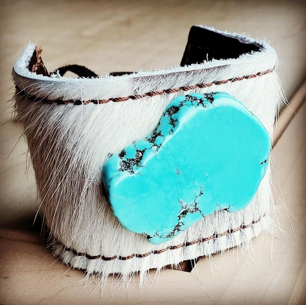 Cuff w/ Leather Tie-White Hide and Turquoise Slab