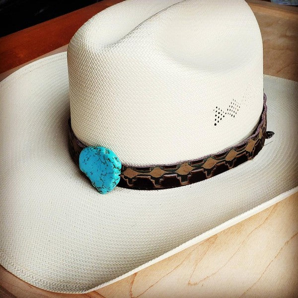 Navajo Embossed Leather Hat Band w/ Turquoise Slab