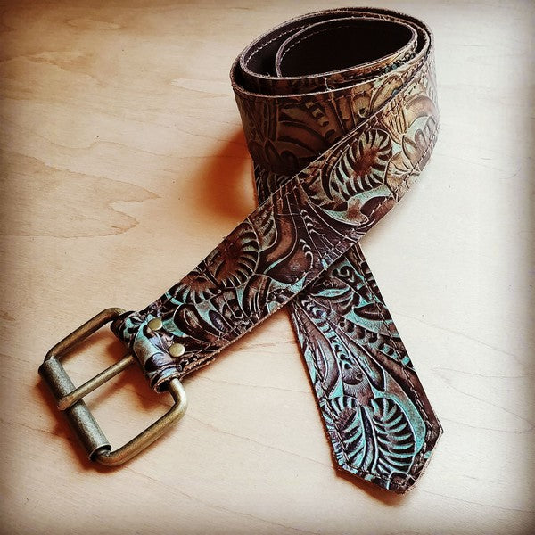 Turquoise brown floral genuine leather belt