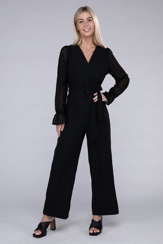 Sheer sleeve and Wide leg Jumpsuit