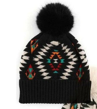 Aztec Faux Fur Pom Beanie Hat Cap