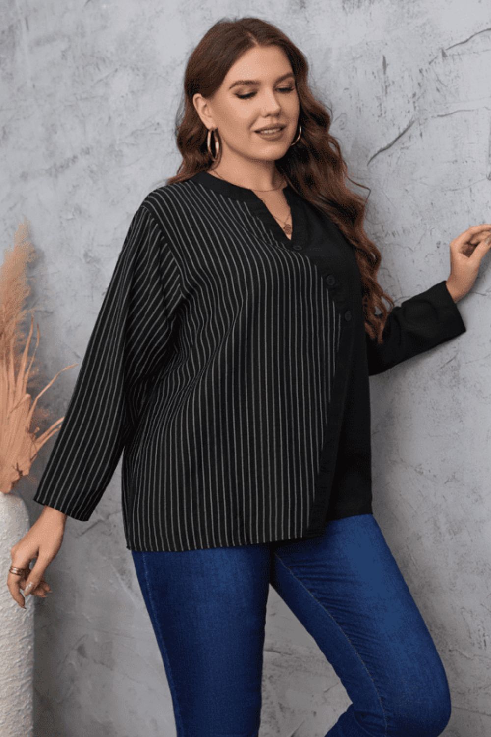 Plus Size Striped Notched Neck Top