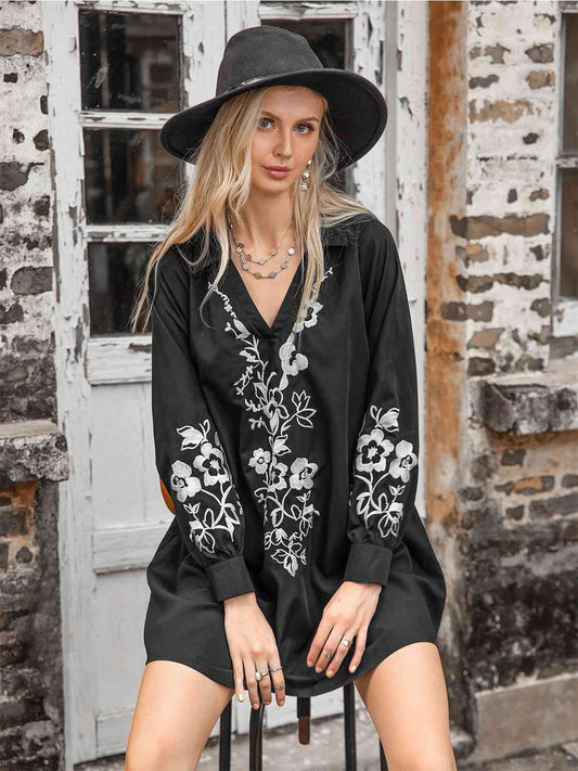 Floral Collared Neck Long Sleeve Dress