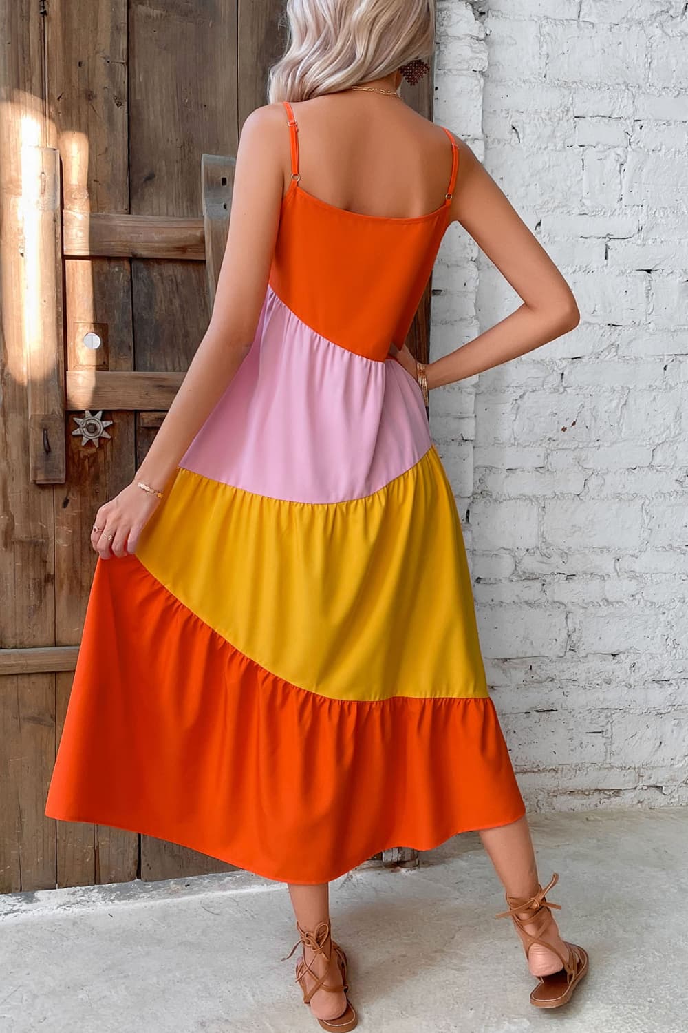 Color Block Spaghetti Strap Midi Dress