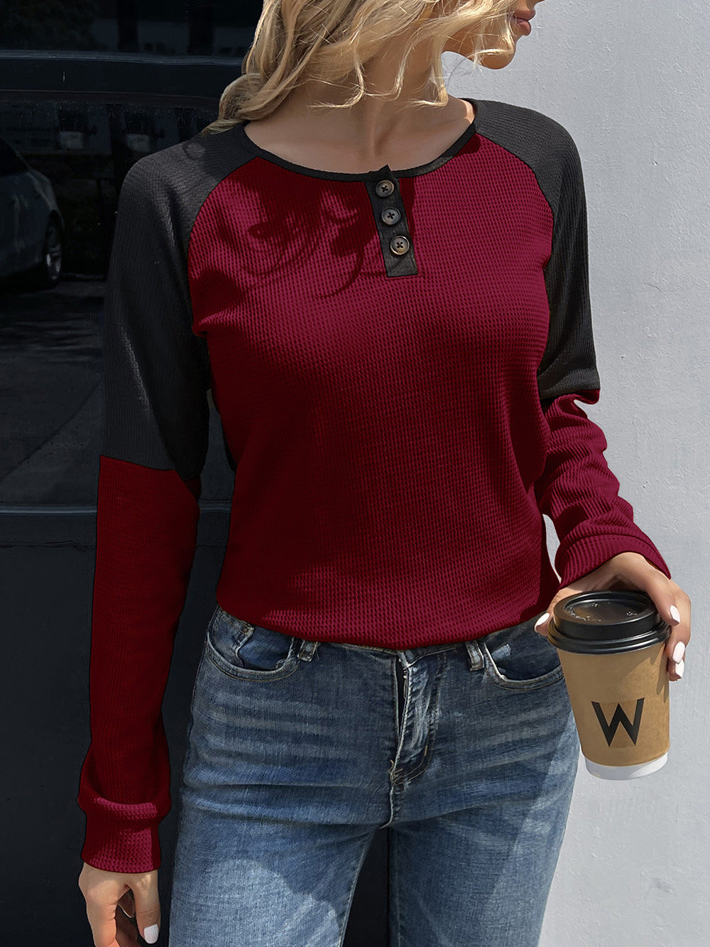 Contrast Buttoned Round Neck Raglan Sleeve Top