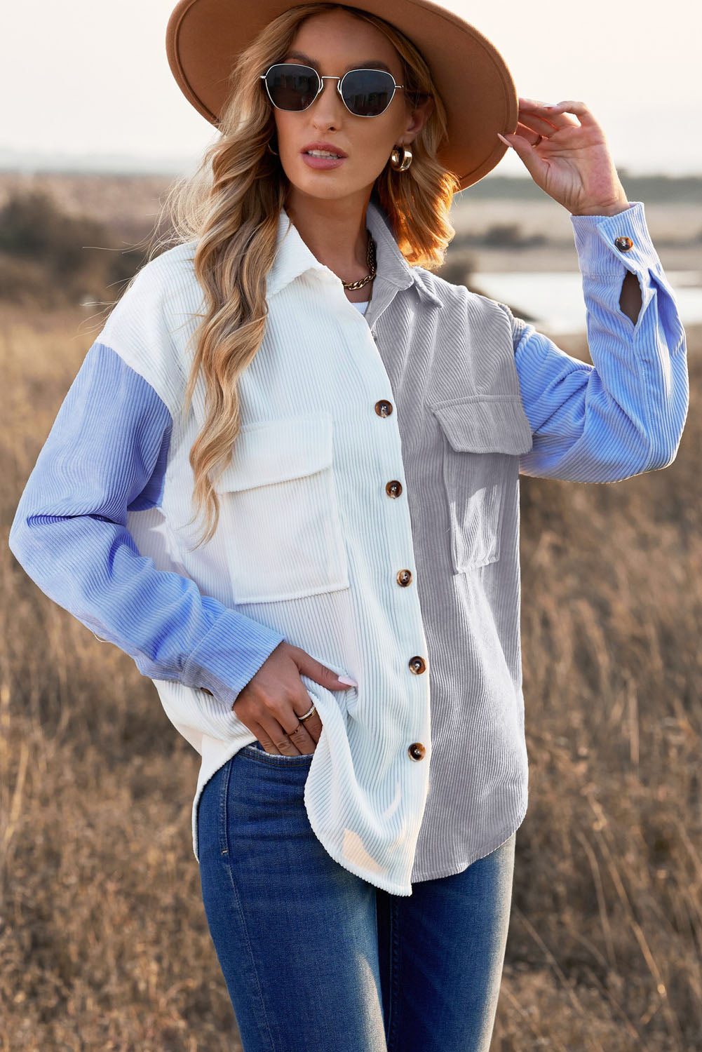 Color Block Button Front Shirt with Pockets