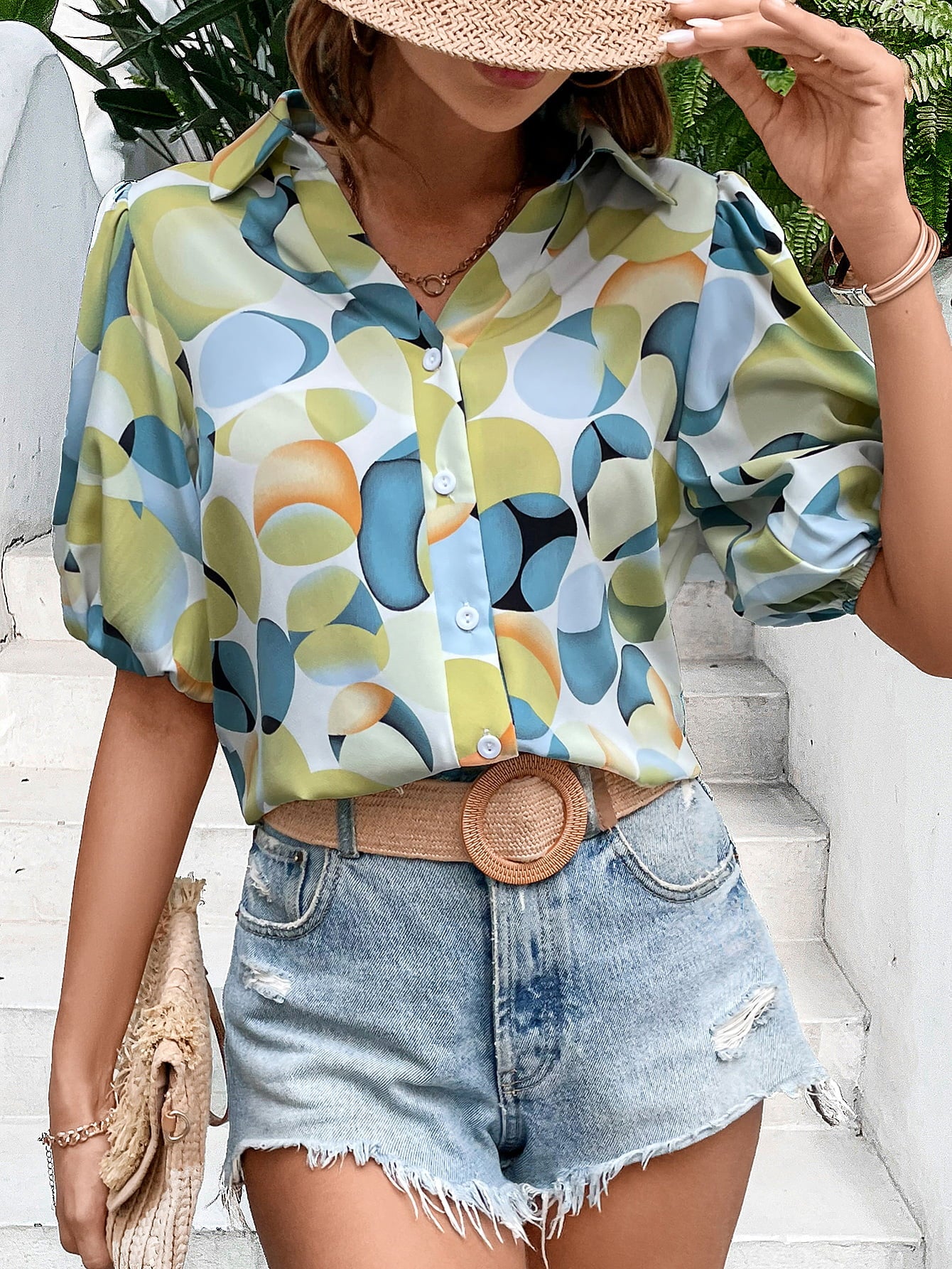 Printed Short Puff Sleeve Shirt