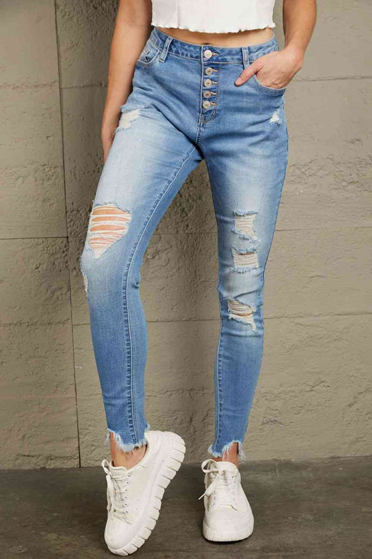 Baeful Button Front Frayed Ankle Skinny Jeans