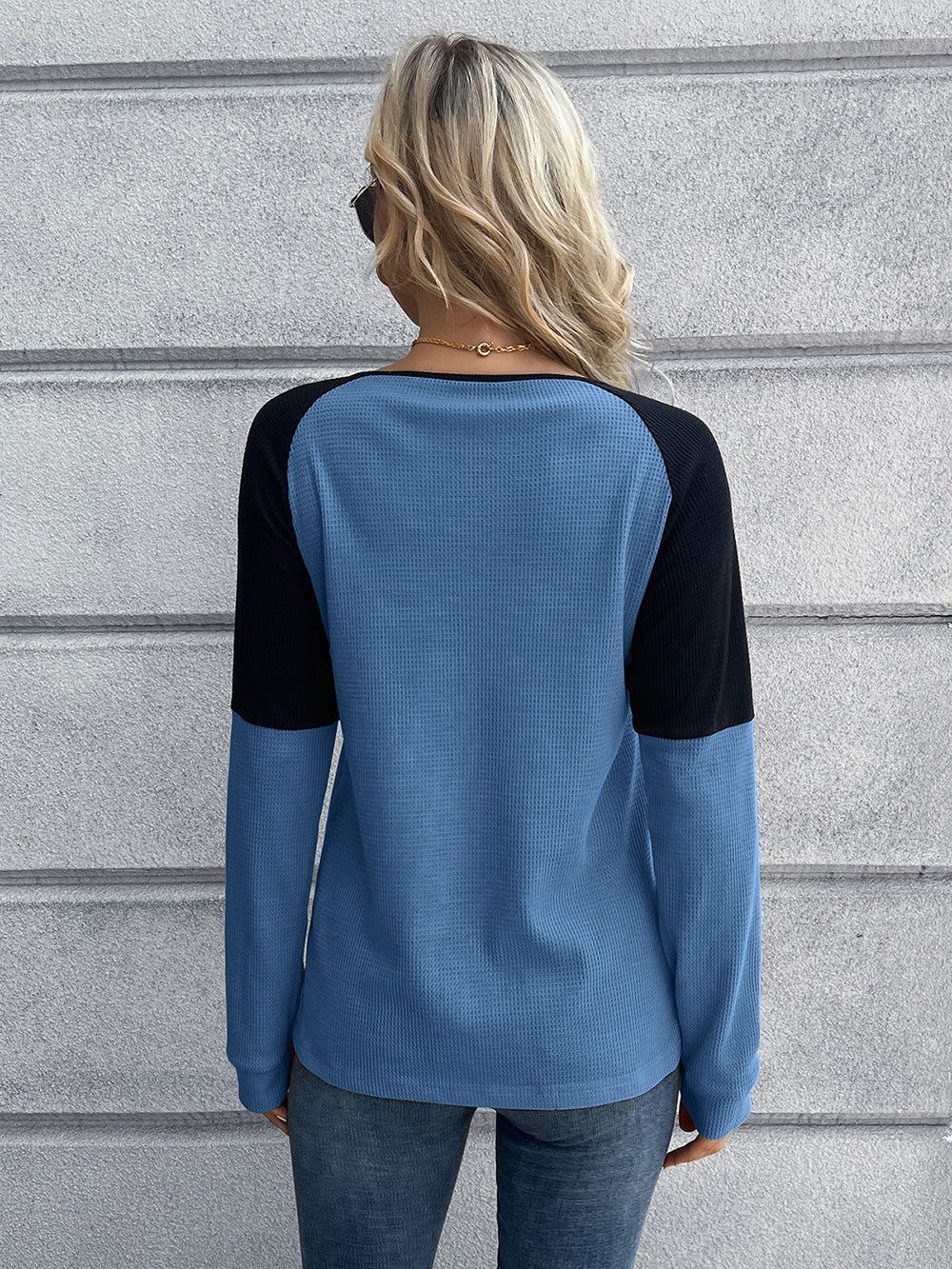 Contrast Buttoned Round Neck Raglan Sleeve Top