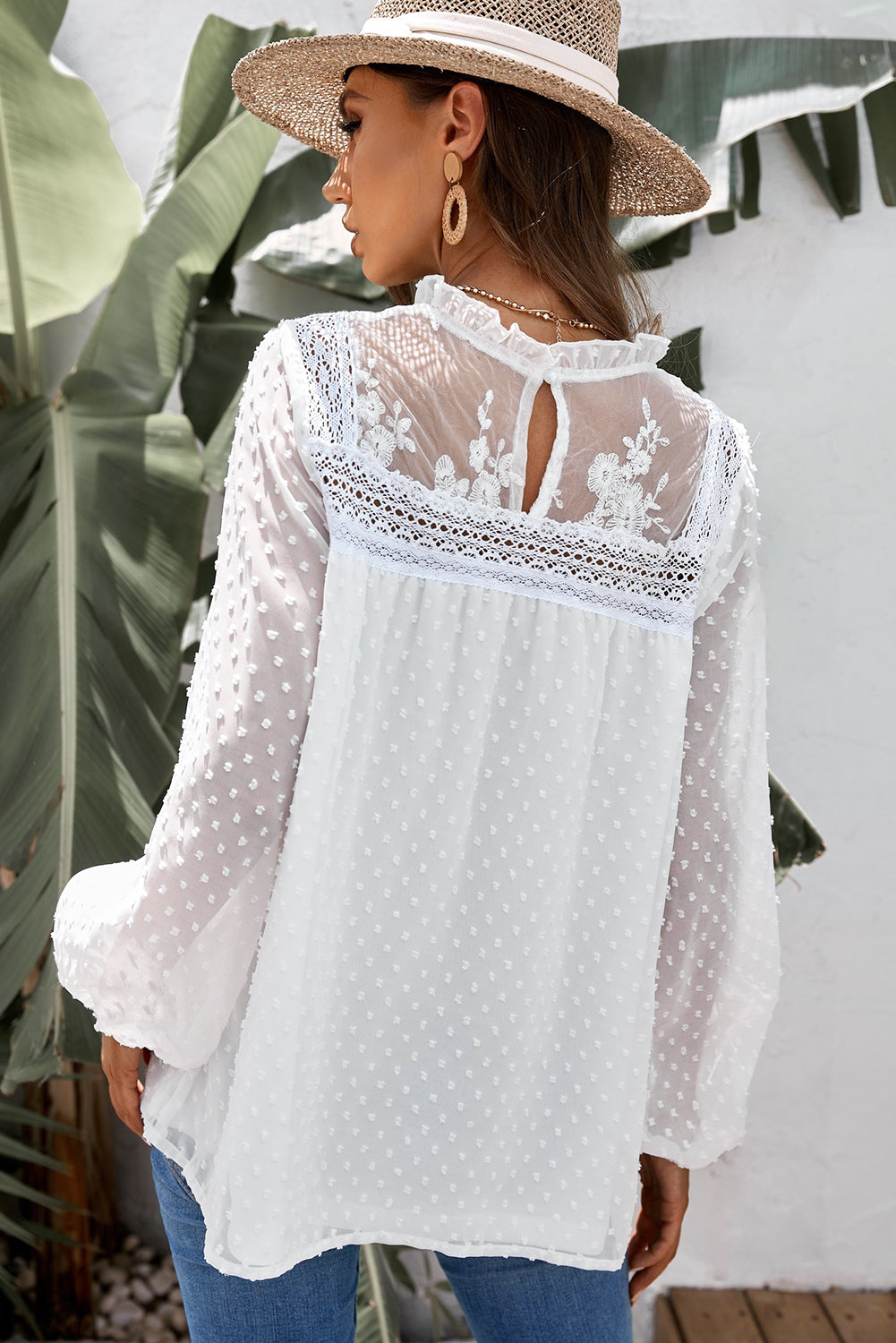 Swiss Dot Frill Neck Embroidered Keyhole Blouse