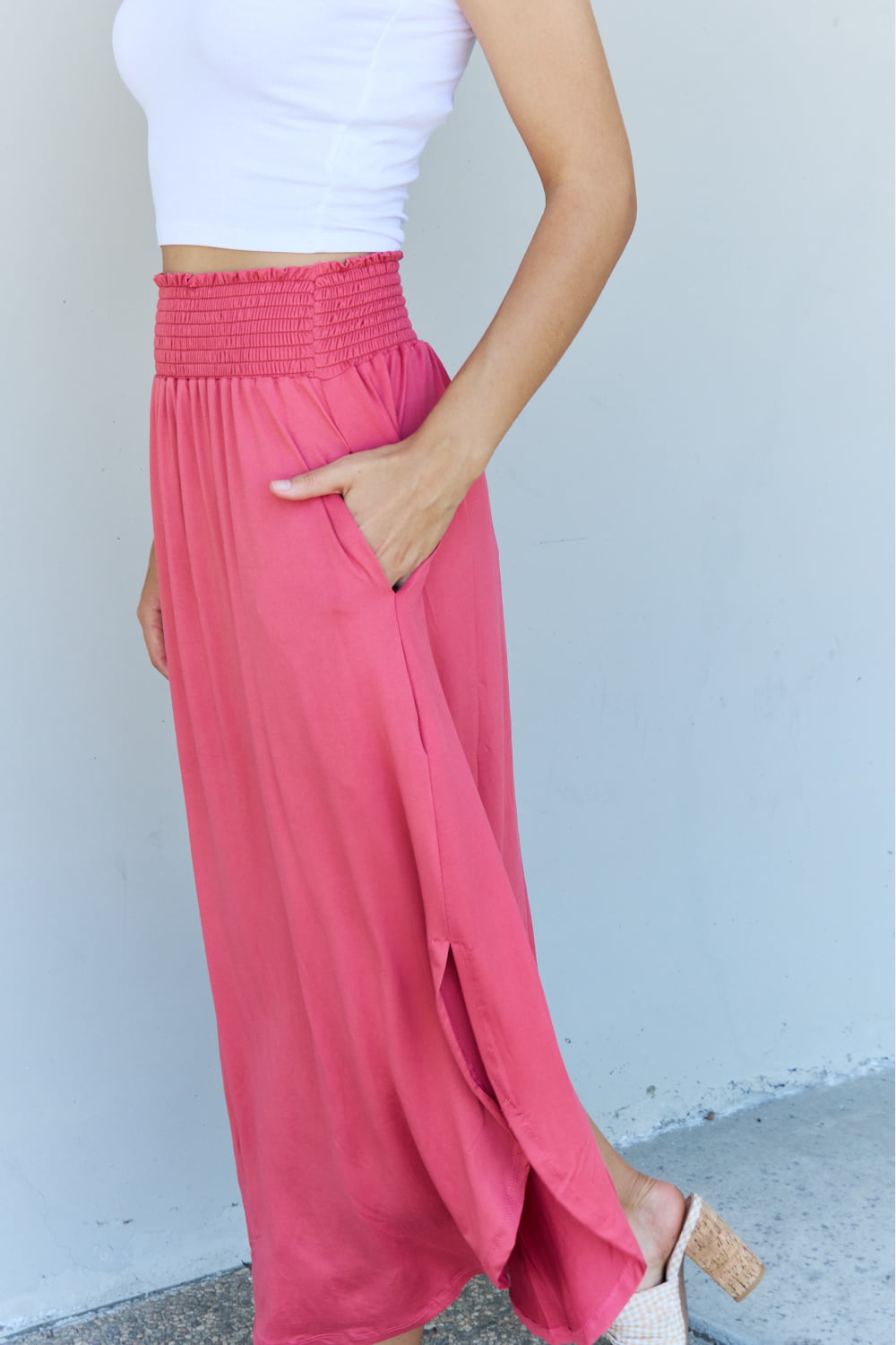 Doublju Comfort Princess Full Size High Waist Scoop Hem Maxi Skirt in Hot Pink