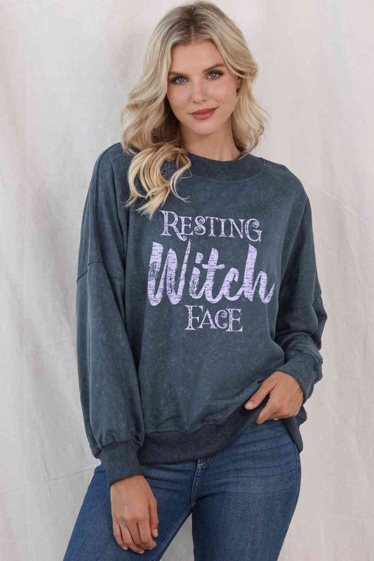 Round Neck RESTING WITCH FACE Graphic Sweatshirt