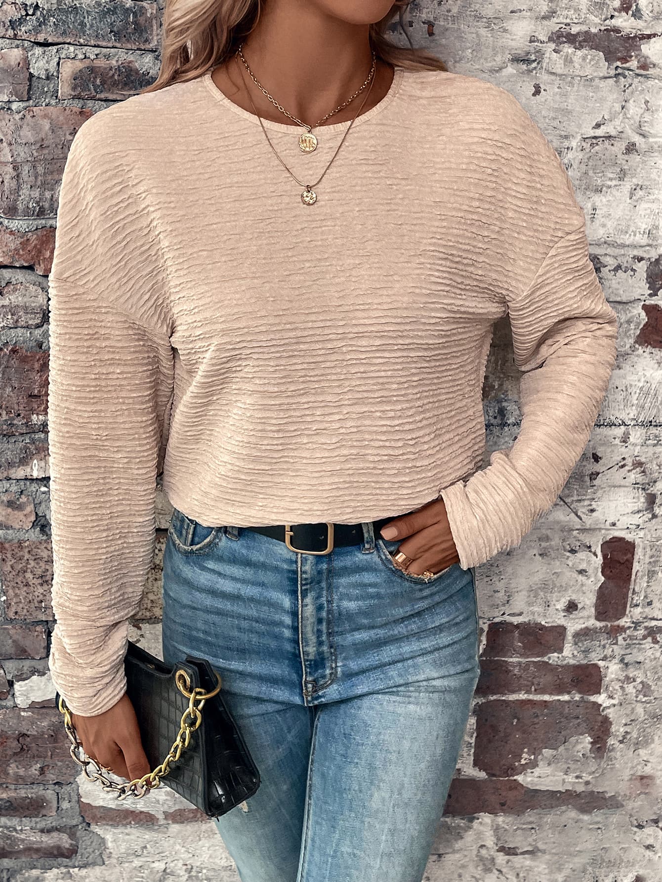 Textured Round Neck Dropped Shoulder Top