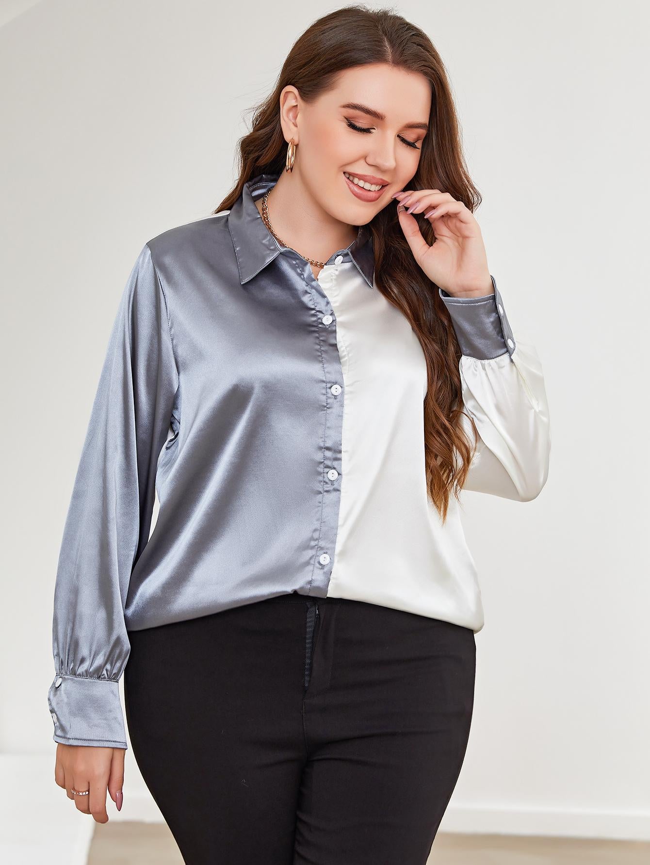 Plus Size Two-Tone Long Sleeve Shirt